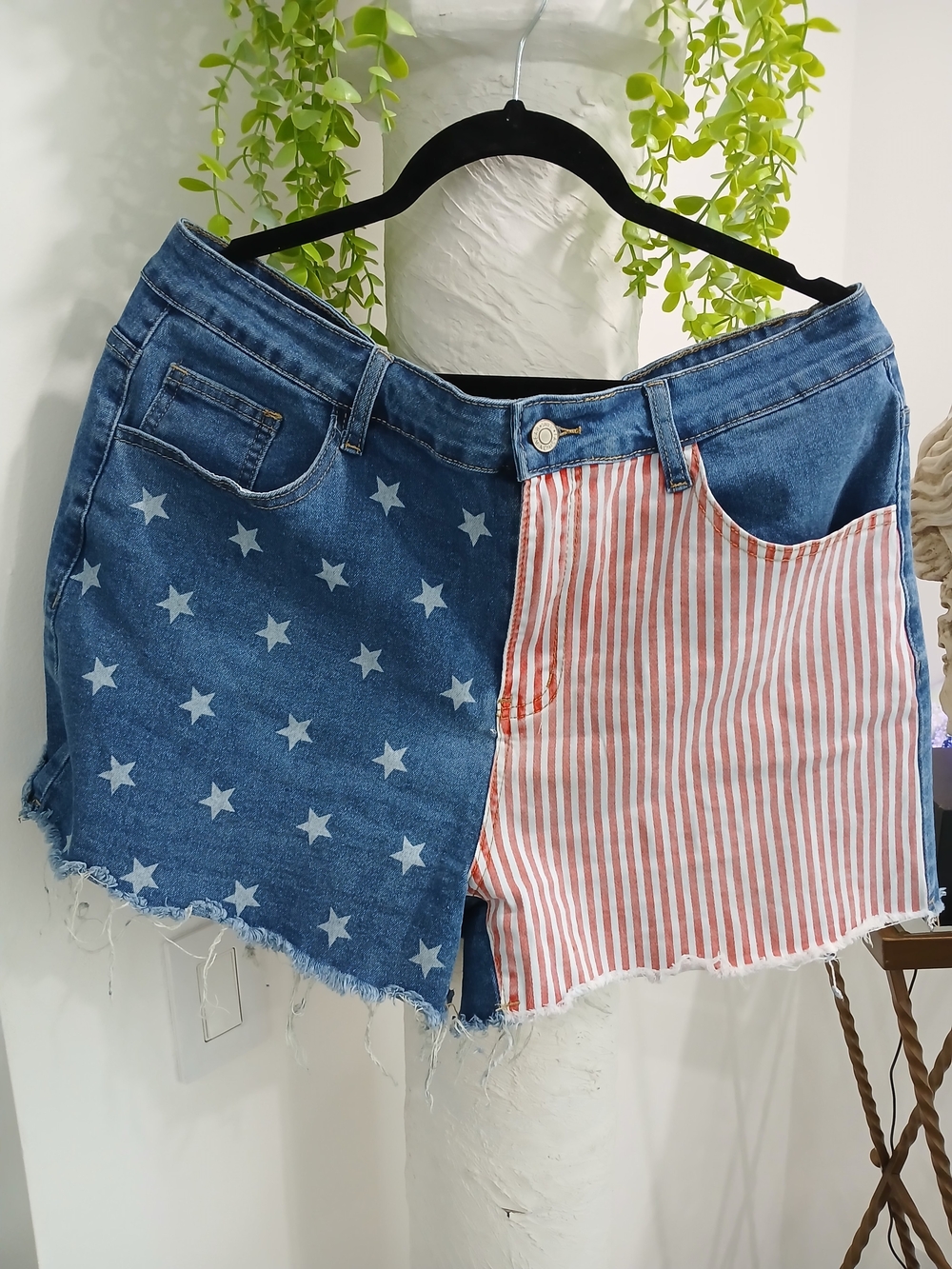 SHEIN Patchwork Star & Stripe Denim Shorts - Blue / Red